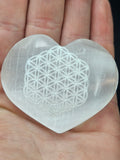 Polished Selenite Heart - Engraved Flower of Life Meditation Stone P.S every rock is different