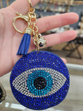 Royal Blue Crystal Evil Eye Keychain with Tassel & Gold Chain - Good Luck Amulet